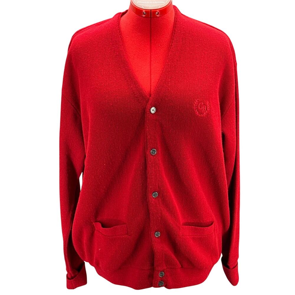 Geoffrey Beene Vintage Preppy Red V Neck Button Down Varsity Cardigan Women XL